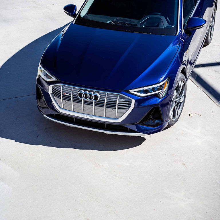 Aerial view of the front end of the Audi e-tron Sportback.