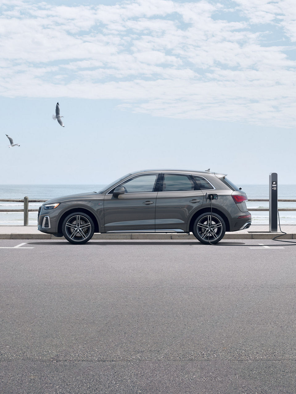 Side profile of the Audi Q5 TFSI e parked.