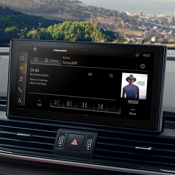 Close-up view of an Audi MMI® screen showing the SiriusXM® interface.