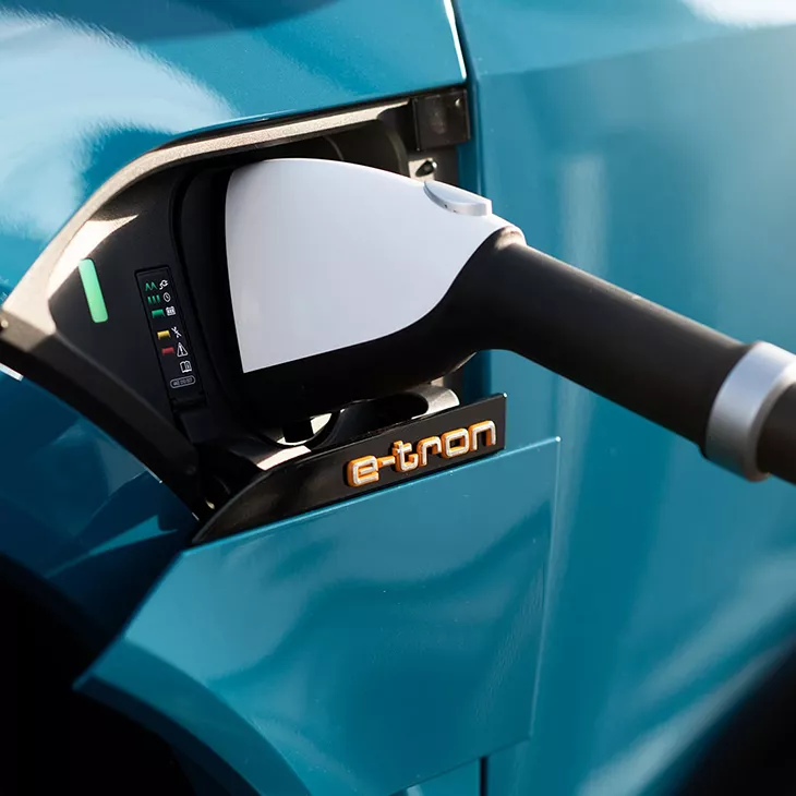 View of the charging port on an Audi vehicle. 