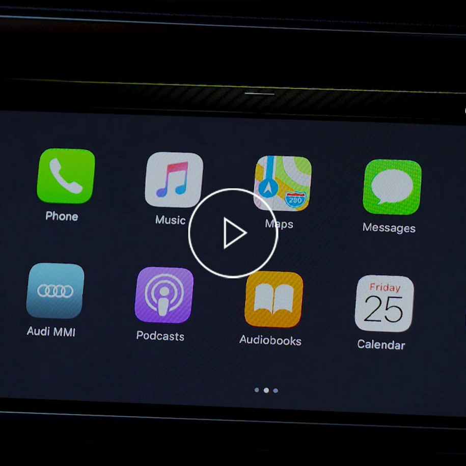 Close-up photo of the MMI screen in an Audi displaying the Apple Carplay screen.