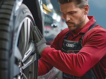 Service technician servicing tire.