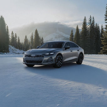 Audi A6 equipped with winter tires parked on a snow-covered road