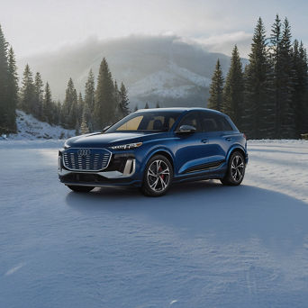 Audi A6 e-tron equipped with winter tires parked on a snow-covered road