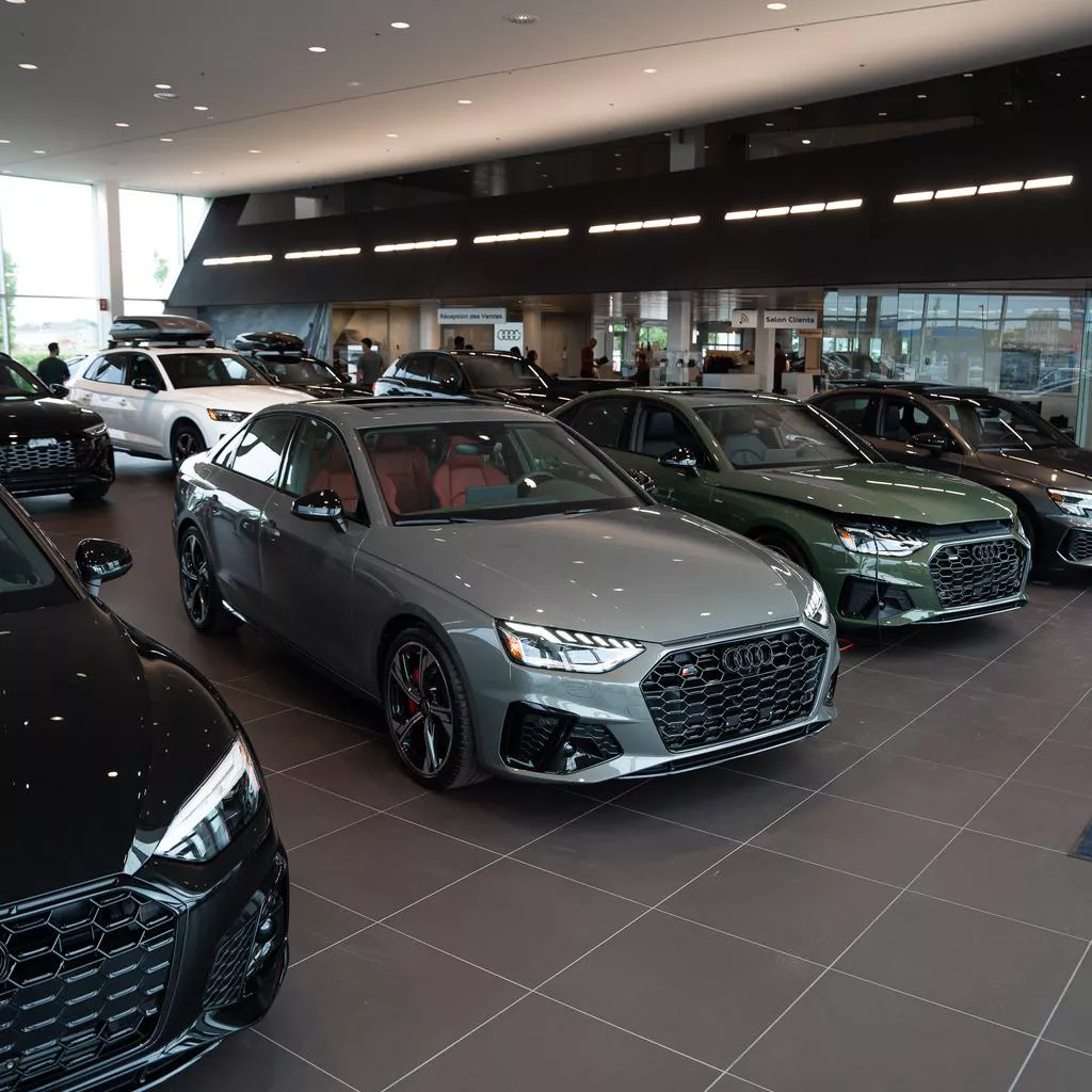 Photo de la salle d'exposition d'une concession Audi. 