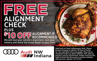 Free alignment check plus $10 off alignment if recommended