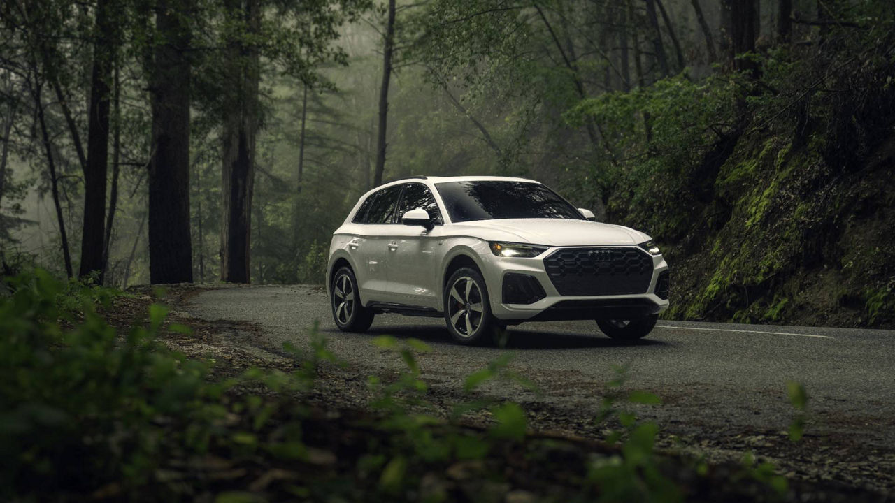 Left profile view of an Audi Q5 driving.