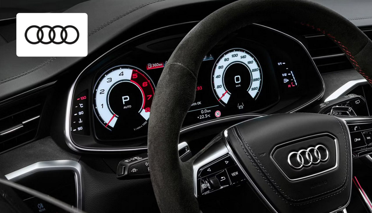 Interior of an Audi featuring immersive Adobe audio software integration and a premium sound system 