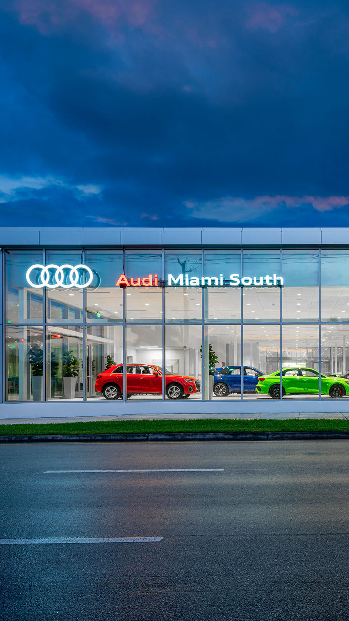 Front view of the Audi Miami South dealership.