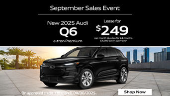 Three quarter view of an Audi Q6 e-tron parked.