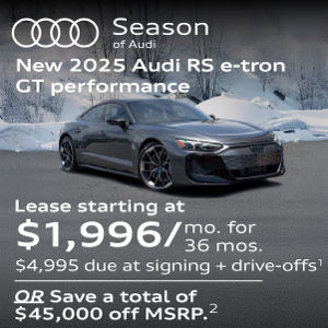 New 2025 Audi RS e-tron GT performance Lease for $1,996/mo. for 36 mos. $4,995 due at signing + drive-offs or Save a total of $45,000 off MSRP.