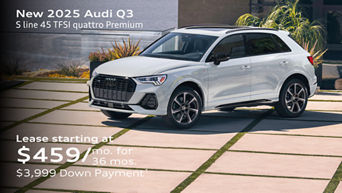 New 2025 Audi Q3 S line 45 TFSI quattro Premium Lease starting at $459/mo. for 36 mos. $3,999 Down Payment