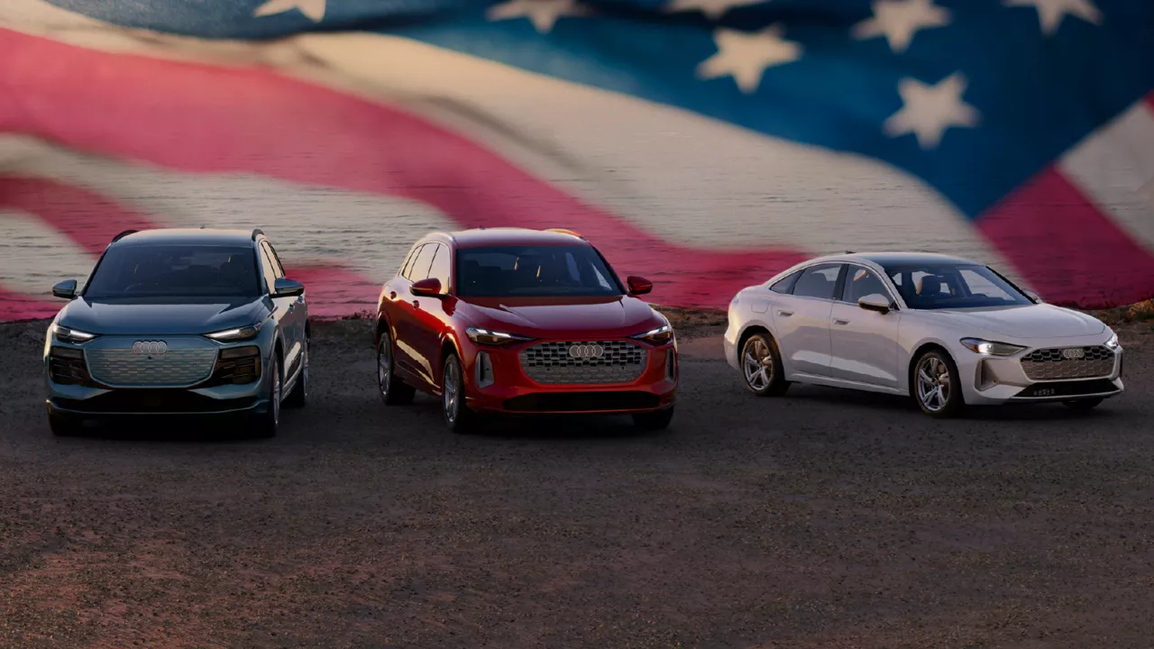 Front view of the Audi Q6 e-tron, Audi Q5, and Audi A5.