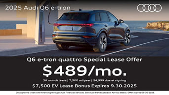 An Audi Q6 e-tron plugged in near the coast.