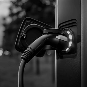 Black and white close up shot of an EV charging plug