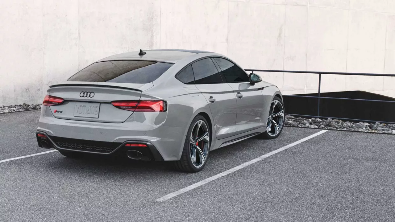 Exterior three-quarter rear view of an Audi RS-5, parked.