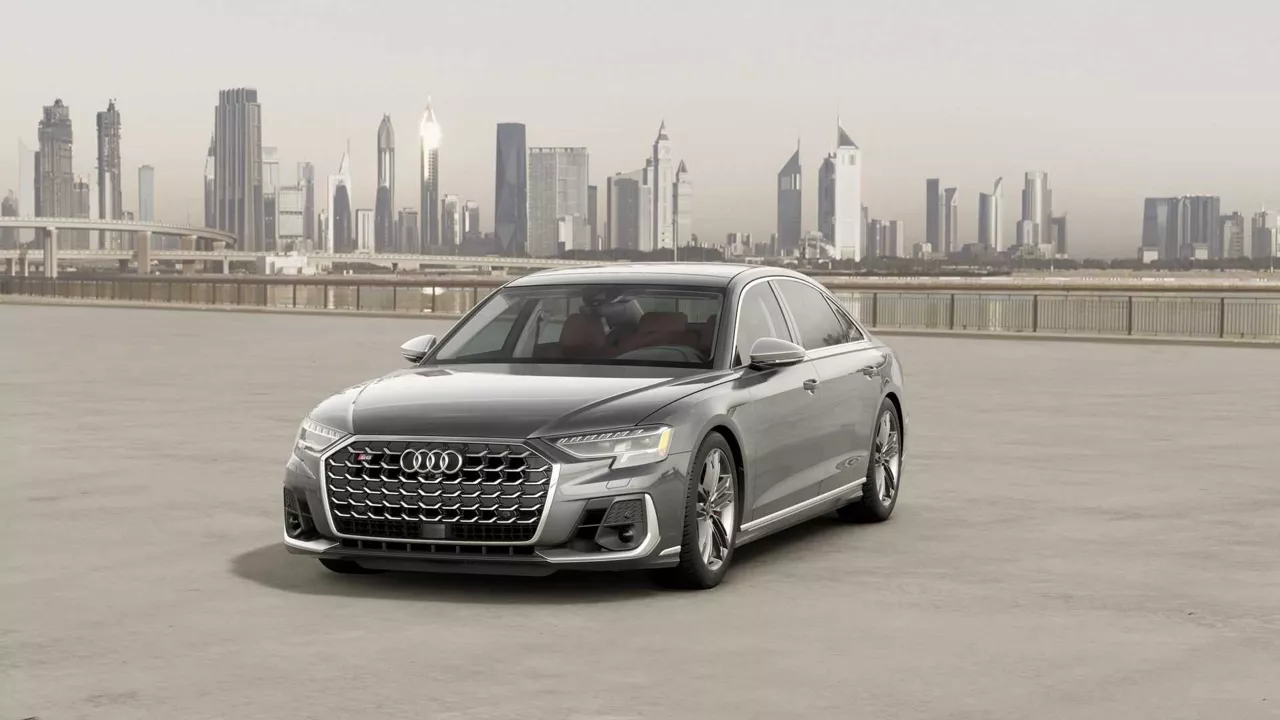 Exterior three-quarter front profile view of an Audi S8, parked.