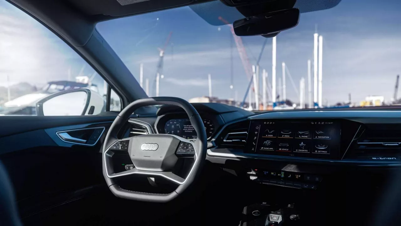 Interior view of an Audi Q4 parked.