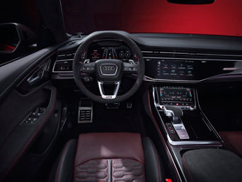 2026 Audi RS Q8 interior cabin in black and red leather