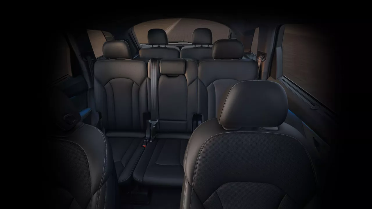 2026 Audi Q7 nterior view of the front seats back showing three rows of seating