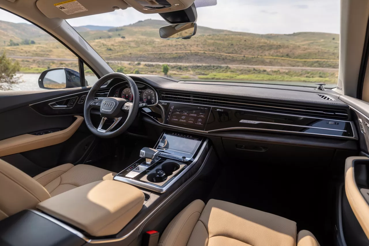 Interior cabin view of a 2026 Audi Q7 with tan leather seats
