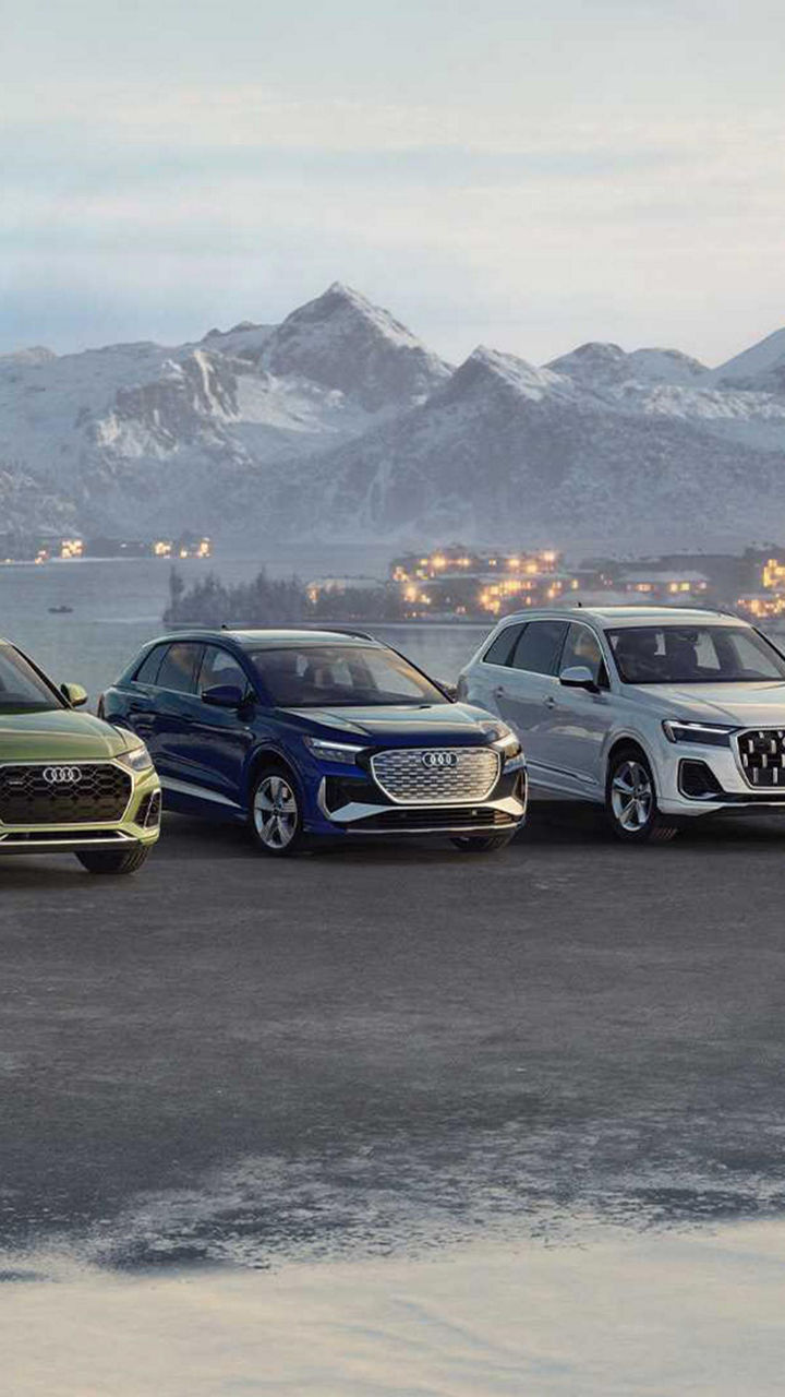 Front angle view of Audis in a lineup.