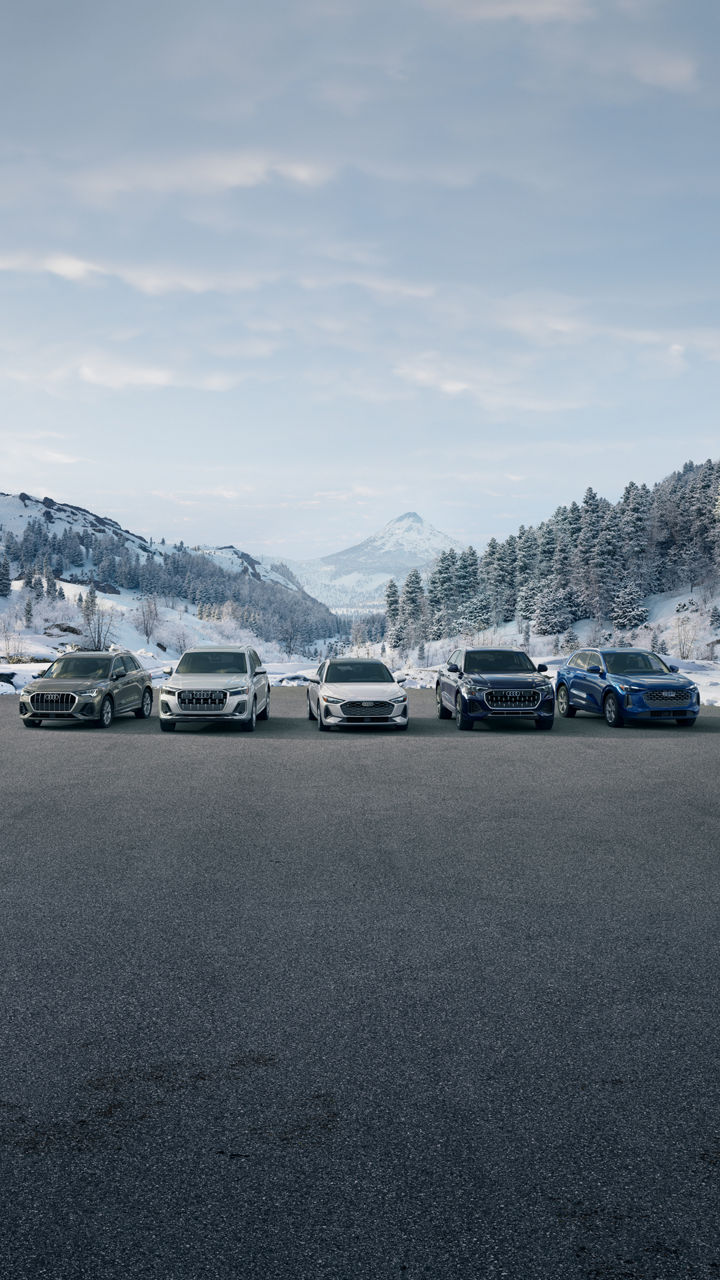 Front angle view of Audis in a lineup.
