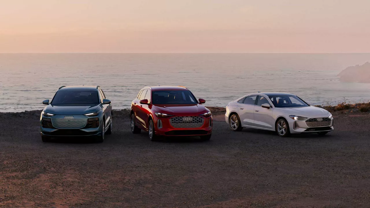 Front view of the Audi Q6 e-tron, Audi Q5, and Audi A5.